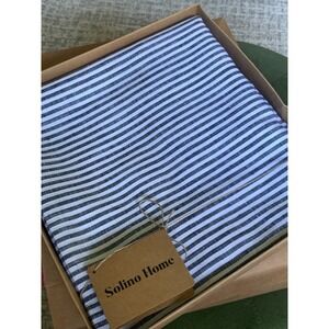 Solino Home 70 Inch Round Tablecloth 100% Linen Black White Narrow Stripe New